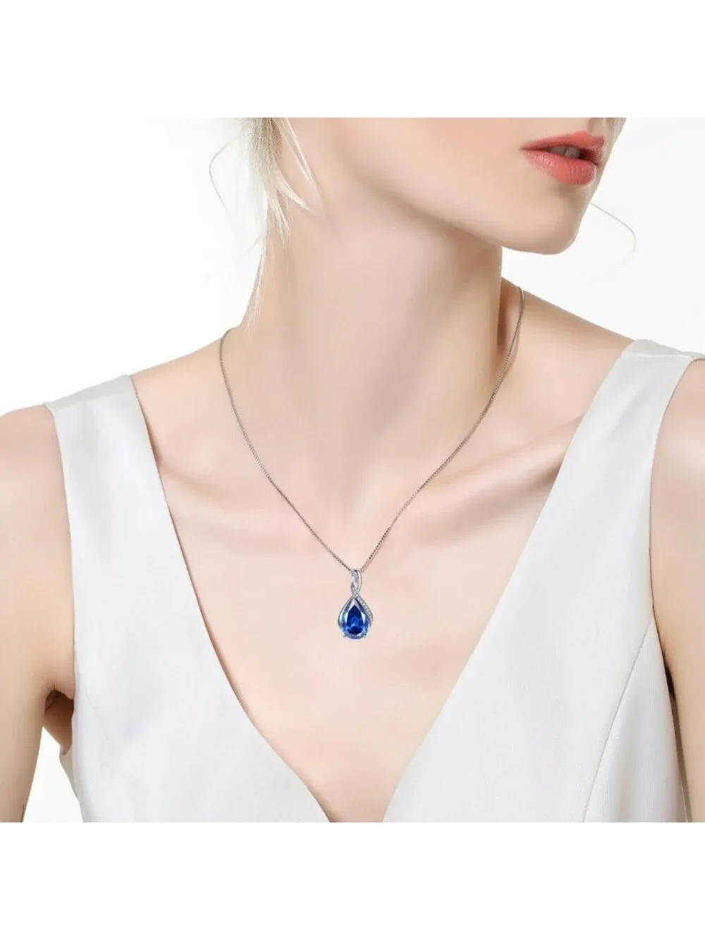 Elegant Sterling Silver Pear Cut Pendant Necklace | Simulated Ruby, Sapphire